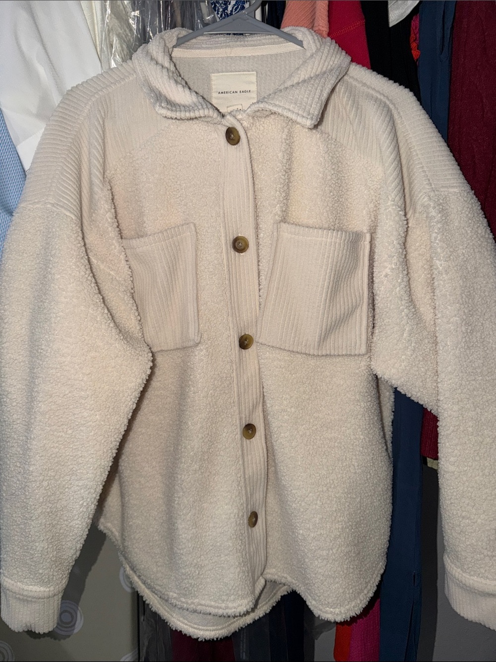 American Eagle Outfitters Cream Sherpa Button-Front Jacket